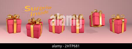 3D realistische rote Geschenkschachteln mit goldener Schleife. Papierschachteln mit Farbband und Schatten auf hellrotem Hintergrund isoliert. Vektorgrafik. Stock Vektor