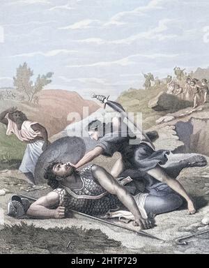 David tötet Goliath. Aus dem Alten Testament, Buch Samuel. Nachdem er ihn mit einem Stein aus seiner Schleuder betäubung hatte, enthauptete David den Riesen Goliath. David wird später König von Israel. Nach einem Werk von J.F.C. aus dem 19.. Jahrhundert Reckleben. Spätere Farbgebung. Stockfoto
