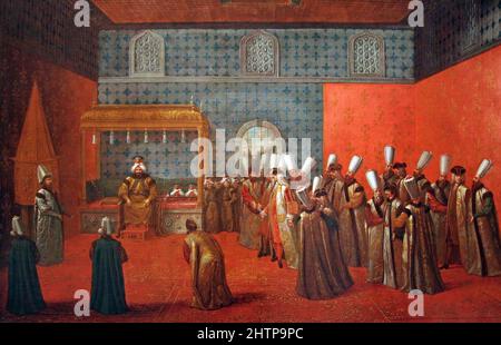 Botschafter Cornelis Calkoen bei seiner Audienz mit Sultan Ahmed III. Gemälde von Jean Baptiste Vanmour oder Van Mour (1671 -1737).Flämisch-französischer Maler, berühmt für seine detaillierte Darstellung des Lebens im Osmanischen Reich während der Tulpenzeit und der Herrschaft von Sultan Ahmed III Stockfoto