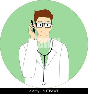 Der Arzt spricht auf einem Handy mit weißem Hintergrund Stock Vektor