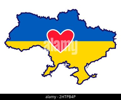 Ukraine-Karte mit Nationalflagge und rotem Herzen. Landsilhouette. Vektordarstellung mit farbigen Füllfarben Stock Vektor