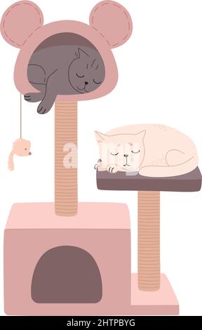 Katzen schlafen in einem luxuriösen Katzenturm. Ein Katzenbaum mit einem Kratzbaum, ein Spielzeug und ein Haus, in dem die britischen Kätzchen schlafen. Rosa Tierhaus . Flache Vektordarstellung von Haustiermöbeln isoliert. Stock Vektor