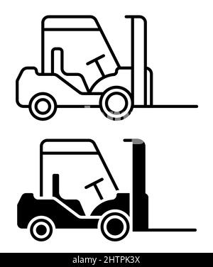 Lineares Symbol. Gabelstapler, um Waren im Lager zu transportieren. Transport zum Entladen und Transportieren schwerer Kisten. Einfacher Schwarz-Weiß-Vektor isoliert Stock Vektor