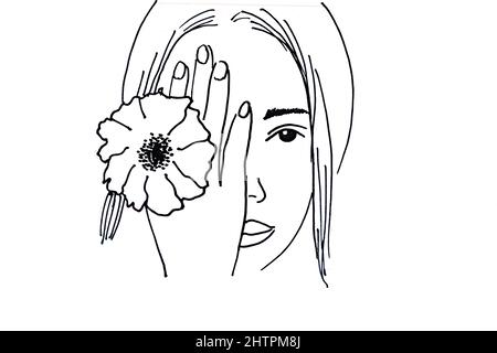 Handgezeichnete Porträt-Illustration der Frau mit Blumen, schwarze Tinte Stift Stockfoto