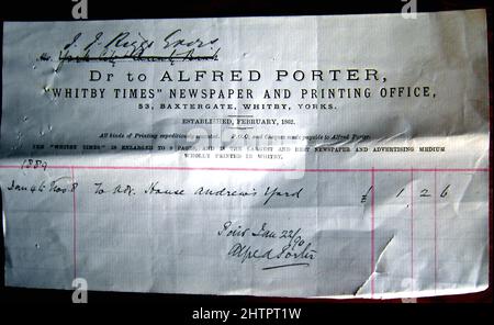 Ein Billhead aus dem Jahr 1889 für Alfred Porter, Inhaber des inzwischen nicht mehr existierenden Whitby Times-Zeitungs- und Druckbüros in Baxtergate, 53, Whitby, North Yorkshire, England. Es trägt die Unterschrift von Alfred Porter Stockfoto