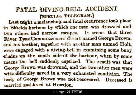 TÖDLICHER GLOCKENUNFALL BEIM TAUCHEN - Clip der Zeitung Bradford Observer (UK) vom 22. 1873. Juli. Berichtet über den Tod des Tauchers George Brown bei einem Glockenunfall im Tyne River im Hafen von Shields. Stockfoto