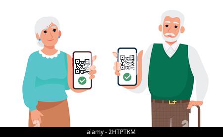 Ältere Menschen, die QR-Codes auf Smartphones zeigen. Impfpass, digitales Zertifikat. Vektorgrafik im flachen Stil Stock Vektor