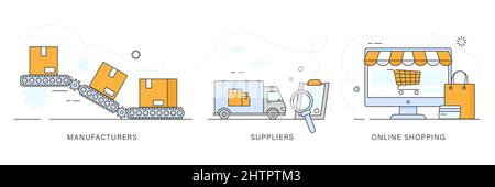 Der Prozess von der Produktion bis zum Online-Shop. Vektorlinien-Symbole Stock Vektor