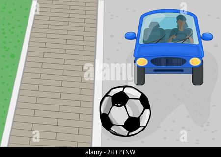Ball auf der Straße mit dem Auto. Ball vor dem fahrenden Auto. Unerwarteter Unfall. Spielen Sie nicht auf der Stadtstraße Warnung Design. Regel für die Sicherheit auf der Straße oder im Straßenverkehr. Vektor Stock Vektor