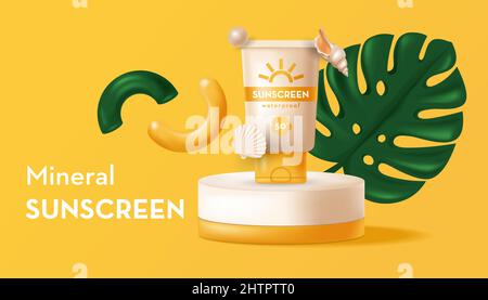 Banner mit Sommer-Kosmetik-Produkt auf dem Podium, Monstera Blatt, Schale. Vektor 3D realistische Illustration Stock Vektor