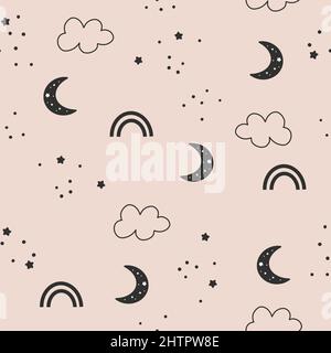 Niedliches nahtloses Muster aus kindlichem Sternenhimmel. Mond mit Sternen im Hintergrund. Vektor einfache Kinder handgezeichneten Hintergrund in Cartoon-Stil Stock Vektor