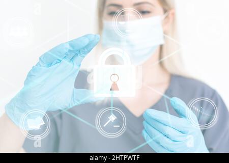 Arzt drücken Taste gesperrt Schild Virenschutz virtuelle Gesundheitswesen Netzwerk Medizin Stockfoto