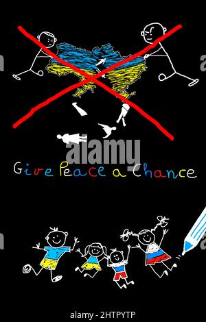Russische und ukrainische Kinder fordern ein Ende des Krieges. Kinderzeichnung, die um eine Chance für den Frieden bittet. Krieg stoppen.Vertikales Bild. Stockfoto