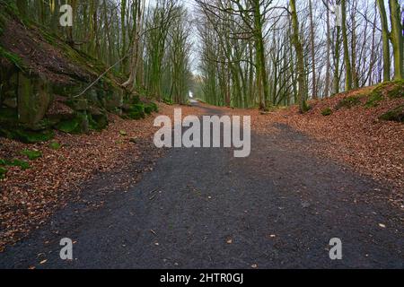 Im Winter die steile 1 in 9 Schafweide-Steigung, eine ehemalige Bahnlinie, auf dem High Peak Trail hinauf. Stockfoto