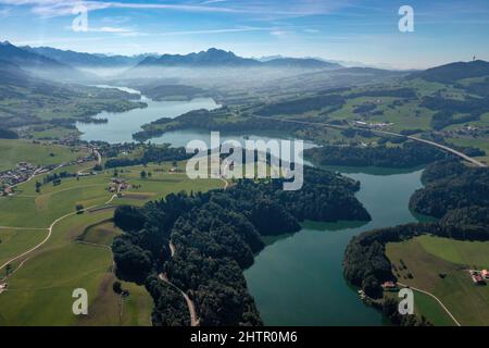 Luftaufnahme des Lac de la Gruyere, einem See im Kanton Freiburg, Schweiz. Der See schlängelt sich durch die Hügel der Region und ist von einer Baumschicht umgeben. Hochwertige Fotos Stockfoto