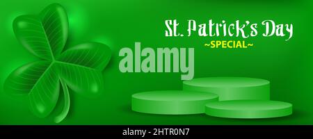 st. patricks Day Sonderaktion mit rundem Podium auf grünem Hintergrund. St. Patrick's Day. 3D Kleeblatt aus Kleeblatt. Typografie. Vektorgrafik. Stock Vektor