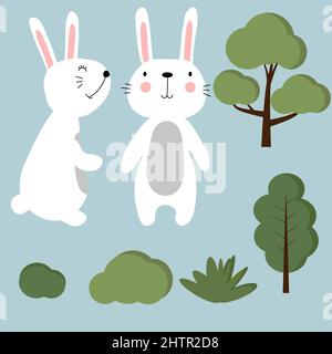 Osterset mit Kaninchen, Bäumen und Sträuchern. Design für Titel für die Website, Banner, Poster, Karte, Papierdruck, Postkarte, Hintergrund Stock Vektor