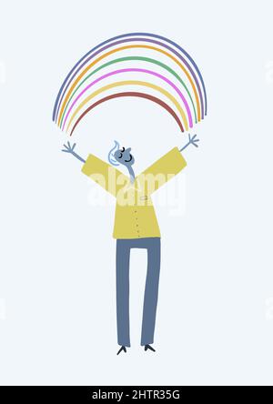 Fröhliche Person, die eine Regenbogen-Illustration präsentiert Stockfoto