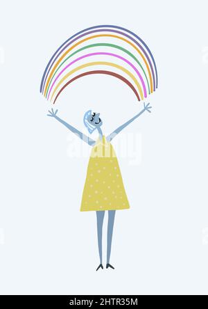 Fröhliche Person, die eine Regenbogen-Illustration präsentiert Stockfoto