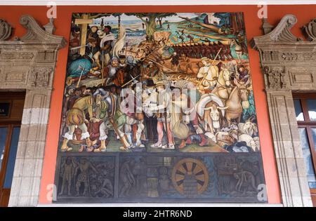 „Ankunft von Hernan Cortes in Veracruz“, von Diego Rivera, 1951, Palacio Nacional de Mexico, Mexiko-Stadt, Mexiko Stockfoto