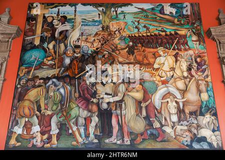 „Ankunft von Hernan Cortes in Veracruz“, von Diego Rivera, 1951, Palacio Nacional de Mexico, Mexiko-Stadt, Mexiko Stockfoto