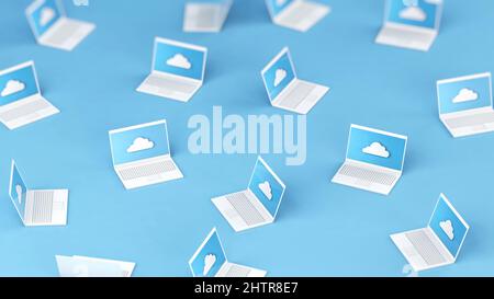 Ein Haufen Laptop-Computer in der Cloud verbunden, 3D Abbildung Stockfoto