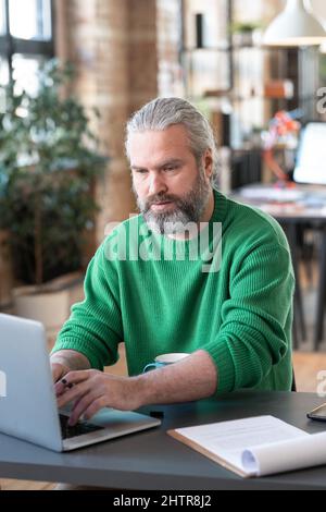 Reifer bärtiger Geschäftsmann sitzt auf seinem Arbeitsplatz und tippt während der Arbeit im Büro auf dem Laptop Stockfoto