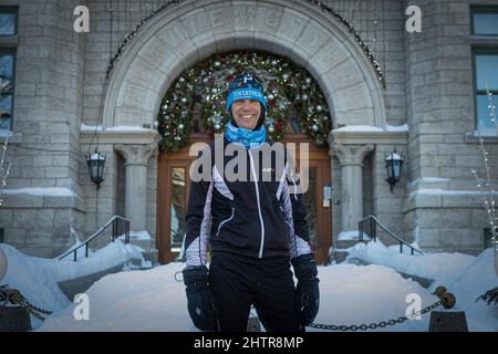 Der Bürgermeister von Quebec, Bruno Marchand, wird nach seinem täglichen Lauf am 21. Januar 2022 vor dem Rathaus abgebildet. Stockfoto