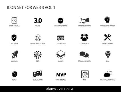 Vektorsymbole für web3 oder Web 3,0 eingestellt. Eine Sammlung verschiedener Symbole für das semantisches Netz oder web3-Thema für Infografiken Stock Vektor