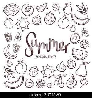 Saisonale Früchte Hintergrund. Handgezeichnete Sommerfrucht-Komposition aus Doodle-Vektor-Icons, isoliert auf weißem Hintergrund. Stock Vektor