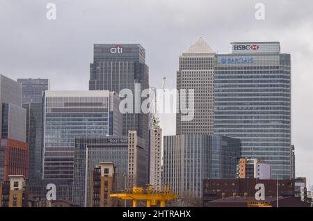 Canary Wharf Corporate Buildings, London, Großbritannien 18.. Februar 2022. Stockfoto