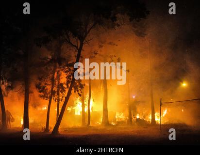 Nairobi, Kenia. 1. März 2022. Ein lokaler Wald brennt während eines Brandausbruchs in den Slums von Kibera durch einen Volleyball-Torpfosten nieder. Am 1.. März 2022. Die Bewohner der Slums von Kibera erlebten einen weiteren Verlust, als sie von einem Feuer, das spät in der Nacht auftrat und zwanzig Häuser niederwüste, nicht bemerkt wurden, und die meisten Einheimischen obdachlos blieben und sich an nichts wenden konnten. Der Ausbruch des Feuers war auf verworrene Drähte aus illegalen elektrischen Verbindungen zurückzuführen. (Bild: © Donwilson Odhiambo/ZUMA Press Wire) Stockfoto