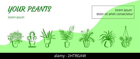 Grünes Banner oder Kopfzeile mit verschiedenen Topfpflanzen. Skizzenhafte Vektor-Design-Element mit Bild, Text und Copyspace für Web, Drucke Stock Vektor
