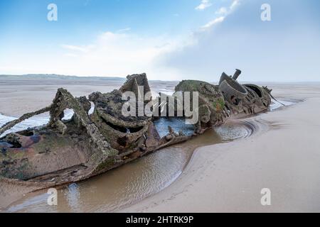 Das Wrack eines Zwergunterseeboots aus dem Zweiten Weltkrieg, bekannt als X-Klasse oder X-Craft, das 1943–44 für die Royal Navy gebaut wurde Stockfoto