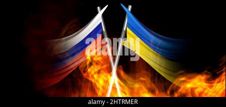 Ukraine Russland Krieg Konflikt Krise. Ukrainische und russische Flaggen auf Flammen Feuer Hintergrund. 3D Darstellung rendern. Stockfoto