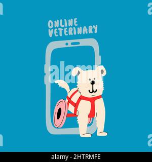Online-Veterinärmedizin. Glücklicher Welpe im Rollstuhl. Der behinderte Hund gucken aus dem Smartphone. Vektorgrafik. Stock Vektor