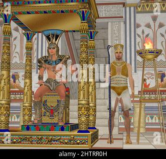 Ein ägyptischer Pharao sitzt auf einem Thron in Ägypten mit einer Wache neben ihm zum Schutz. Stockfoto