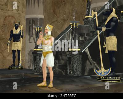 Pharao betet zu Anubis, der der gott des Jenseits in einem ägyptischen Tempel ist. Stockfoto