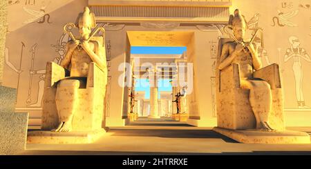 Riesige Statuen stehen am Eingang zum Ramses II Tempel in Ägypten. Stockfoto