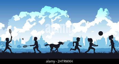 Silhouette der Aktivitäten der Menschen im Park Kinder spielen Sport und ein Junge spielen mit einem Hund, Vektor-Illustration Stock Vektor
