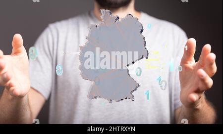 3D Darstellung der Karte von Deutschland mit Netz und Daten in der Luft Stockfoto
