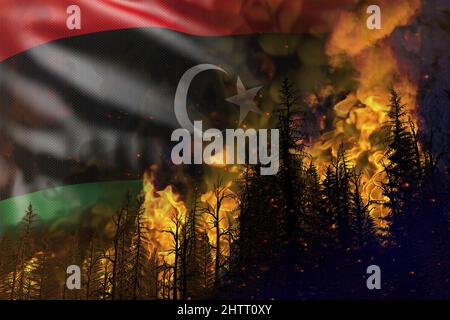 Waldbrandbekämpfungskonzept, Naturkatastrophe - brennendes Feuer im Wald auf libyscher Flagge Hintergrund - 3D Darstellung der Natur Stockfoto