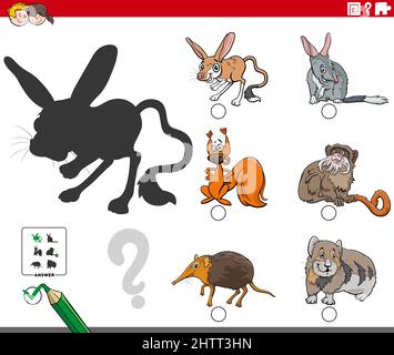 Cartoon-Illustration der Suche nach dem richtigen Bild in den Schatten Pädagogische Aufgabe für Kinder mit Tiercharakteren Stock Vektor