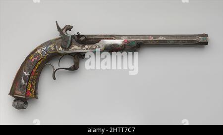 Kunst inspiriert von Percussion Ausstellung Pistol, datiert 1851, Paris; London, Französisch, Stahl, Gold, L. 15 7/8 Zoll (40,3 cm); L des Fasses 10 1/4 Zoll (26,0 cm); Kal. .46 Zoll (11,7 mm), Firearms-Pistols-Percussion, im Auftrag der renommierten Pariser Büchsenmacherfirma Le Page, sind dies die von Artotop modernisierten Classic Works mit einem Schuss Moderne. Formen, Farbe und Wert, auffällige visuelle Wirkung auf Kunst. Emotionen durch Freiheit von Kunstwerken auf zeitgemäße Weise. Eine zeitlose Botschaft, die eine wild kreative neue Richtung verfolgt. Künstler, die sich dem digitalen Medium zuwenden und die Artotop NFT erschaffen Stockfoto