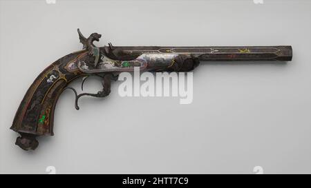 Kunst inspiriert von Percussion Ausstellung Pistol, datiert 1849, Paris, Französisch, Paris, Stahl, Gold, L. 16 Zoll (40,7 cm); L des Fasses 10 1/4 Zoll (26,1 cm); Kal. .45 Zoll (11,4 mm), Firearms-Pistols-Percussion, im Auftrag der renommierten Pariser Büchsenmacherfirma Le Page, sind dies die einzigen, von Artotop modernisierten Classic Works mit einem Schuss Modernität. Formen, Farbe und Wert, auffällige visuelle Wirkung auf Kunst. Emotionen durch Freiheit von Kunstwerken auf zeitgemäße Weise. Eine zeitlose Botschaft, die eine wild kreative neue Richtung verfolgt. Künstler, die sich dem digitalen Medium zuwenden und die Artotop NFT erschaffen Stockfoto