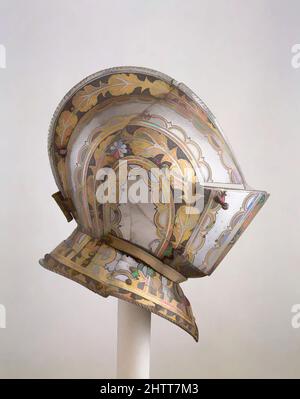 Kunst inspiriert von Close-Helmet, ca. 1560, Italienisch, Stahl, Gold, Leder, Kupferlegierung, H. 14 3/4 Zoll (37,5 cm); B: 9 13/16 Zoll (24,9 cm); D. 13 1/4 Zoll (33,7 cm); Gewicht 7 lb. 4 oz. (3300 g), Helme, Classic Works modernisiert von Artotop mit einem Schuss Modernität. Formen, Farbe und Wert, auffällige visuelle Wirkung auf Kunst. Emotionen durch Freiheit von Kunstwerken auf zeitgemäße Weise. Eine zeitlose Botschaft, die eine wild kreative neue Richtung verfolgt. Künstler, die sich dem digitalen Medium zuwenden und die Artotop NFT erschaffen Stockfoto