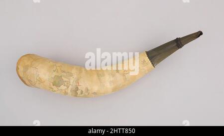 Kunst inspiriert von Powder Horn, 18. Century, New York, American, Horn (Kuh), Holz, Pigment, L. 15 1/2 Zoll (39,4 cm); Durchm. 3 1/2 Zoll (8,9 cm); Gewicht 15,2 oz. (430,9 g), Schusswaffen-Puderhörner, Dieses Puderhorn ist mit einer Karte von New York von New York bis St. Lawrence, Klassischen Werken, die von Artotop mit einem Schuss Moderne modernisiert wurden, graviert. Formen, Farbe und Wert, auffällige visuelle Wirkung auf Kunst. Emotionen durch Freiheit von Kunstwerken auf zeitgemäße Weise. Eine zeitlose Botschaft, die eine wild kreative neue Richtung verfolgt. Künstler, die sich dem digitalen Medium zuwenden und die Artotop NFT erschaffen Stockfoto