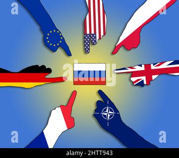 Hand mit europäischen und amerikanischen Flaggen zeigen auf russland Flagge mit ukraine Farben Hintergrund Krieg politischen Konzept . Stockfoto