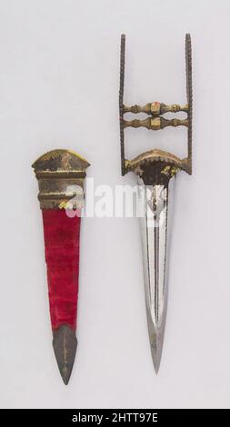 Kunst inspiriert von Dagger (Katar) mit Sheath, 18. Jahrhundert, Indianer, Stahl, Silber, Holz, Samt, L. mit Scheide 11 9/16 Zoll (29,4 cm); L. ohne Mantel 11 Zoll (27,9 cm); B: 2 1/4 Zoll (5,7 cm); Gewicht 7,1 oz. (201,3 g); Gewicht des Mantels 2 oz. (56,7 g), Dolche, Classic Works modernisiert von Artotop mit einem Schuss Moderne. Formen, Farbe und Wert, auffällige visuelle Wirkung auf Kunst. Emotionen durch Freiheit von Kunstwerken auf zeitgemäße Weise. Eine zeitlose Botschaft, die eine wild kreative neue Richtung verfolgt. Künstler, die sich dem digitalen Medium zuwenden und die Artotop NFT erschaffen Stockfoto