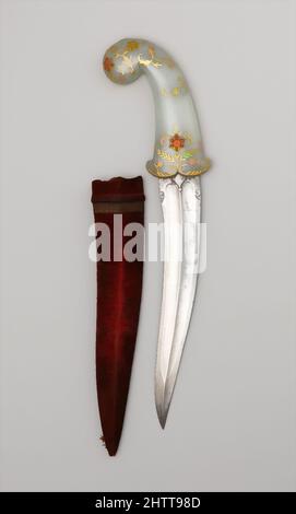 Kunst inspiriert von Dagger (Khanjar) mit Sheath, Ende des 18.. Jahrhunderts, möglicherweise Lucknow, Inder, möglicherweise Lucknow, Stahl, Nephrit, Gold, Smaragd, Rubin, Holz, Samt, H. mit Scheide 14 1/2 Zoll (36,8 cm); H. ohne Mantel 13 5/8 Zoll (34,6 cm); B: 3 5/8 Zoll (9,2 cm); Gewicht 12,3 oz. (348,7 g, Classic Works modernisiert von Artotop mit einem Schuss Moderne. Formen, Farbe und Wert, auffällige visuelle Wirkung auf Kunst. Emotionen durch Freiheit von Kunstwerken auf zeitgemäße Weise. Eine zeitlose Botschaft, die eine wild kreative neue Richtung verfolgt. Künstler, die sich dem digitalen Medium zuwenden und die Artotop NFT erschaffen Stockfoto